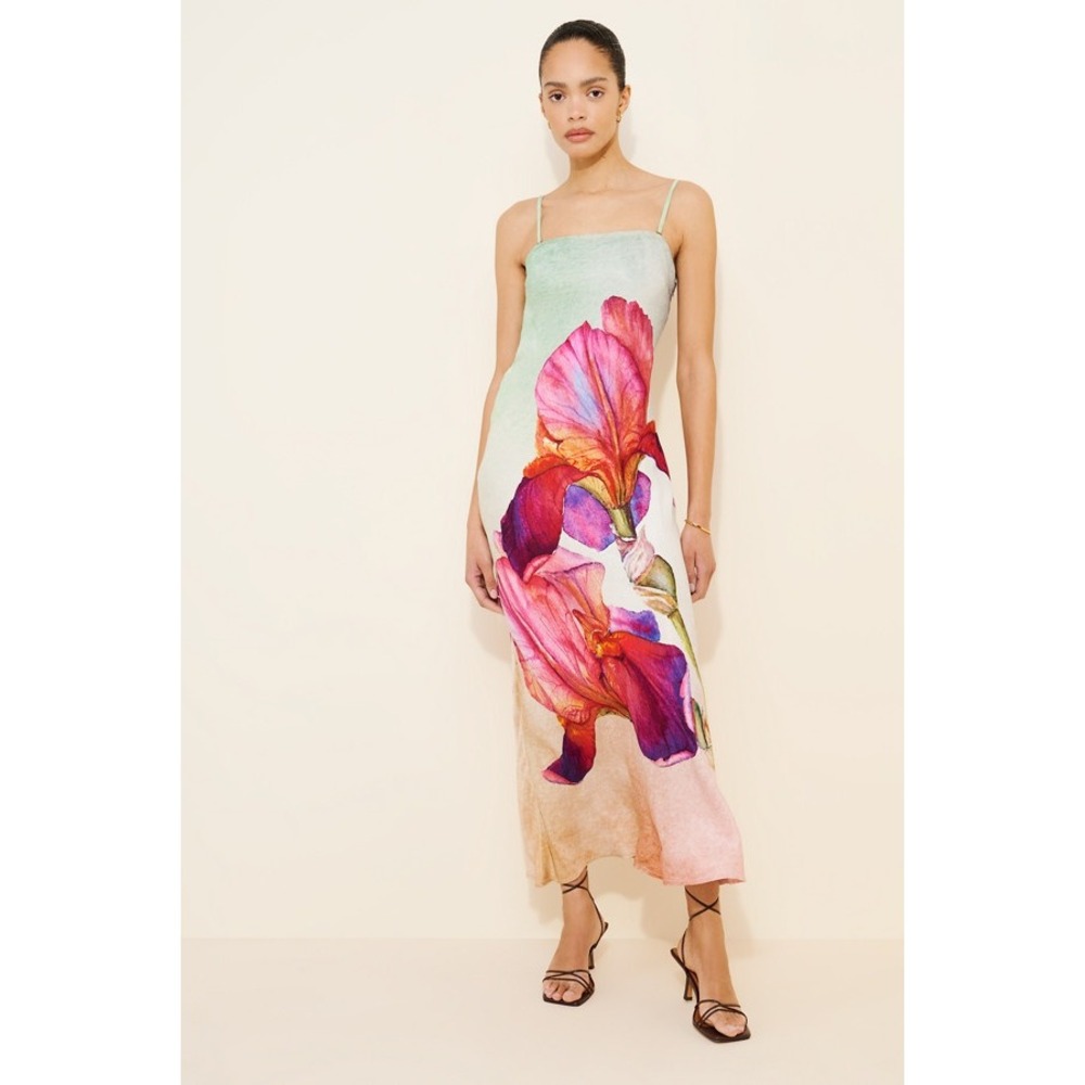 Conditions Apply Chloe Strapless Iris Floral Maxi Dress Green Pink Viscose Large